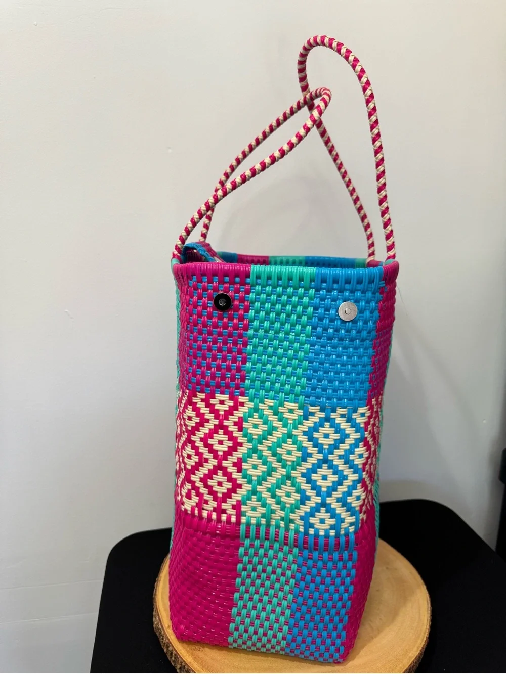 Handwoven Mexican Jumbo Tote Bag in Fuchsia, Teal & Blue